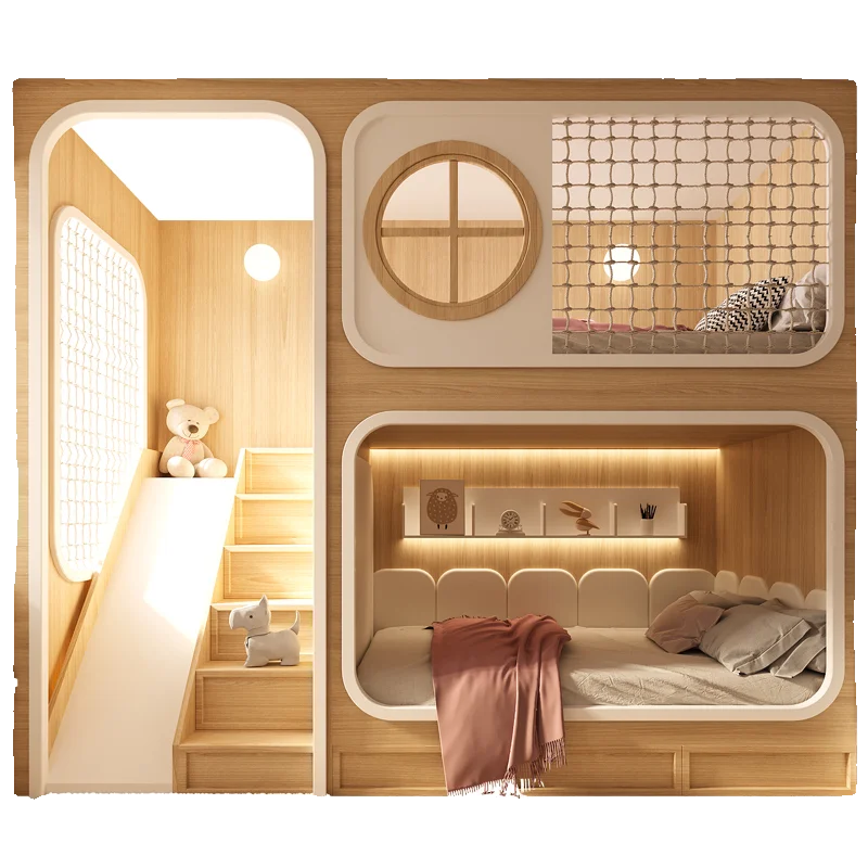 Custom Duplex 2nd Floor Castle Tree House Bed Staggered Bunk Kids Slide Upper Lower Desk Cabinet