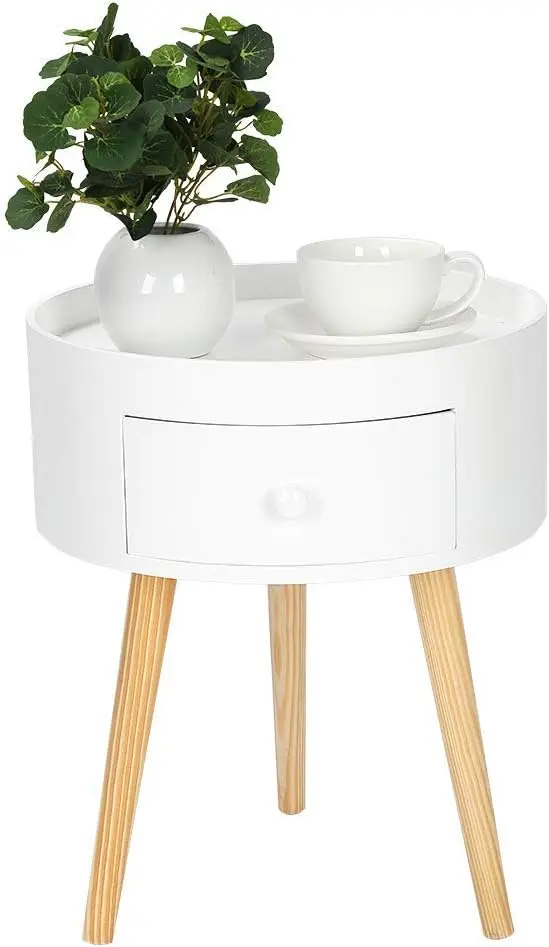 

Round End with Drawer, Modern Wood Nightstand Sofa Small Coffee Bedside with Tabletop Tray Room Bedroom Office Home Rattan