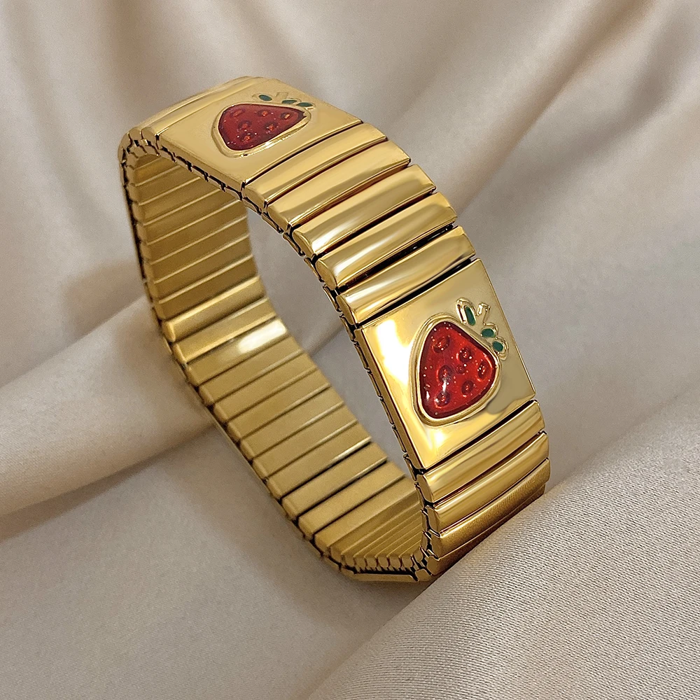 

DODOHAO Fashion Stainless Steel Elastic Wide Bracelet Bangle for Women Cute Strawberry Cherry Charm Bracelet Waterproof Jewelry