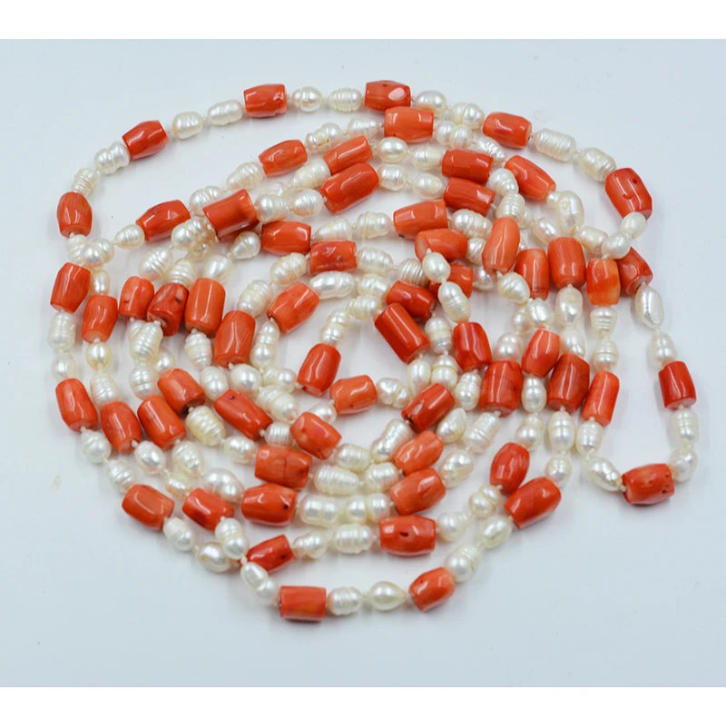 200CM. Glamour Women's Sweater/Dresses Necklace. 7MM natural white pearl and 8MM natural orange coral