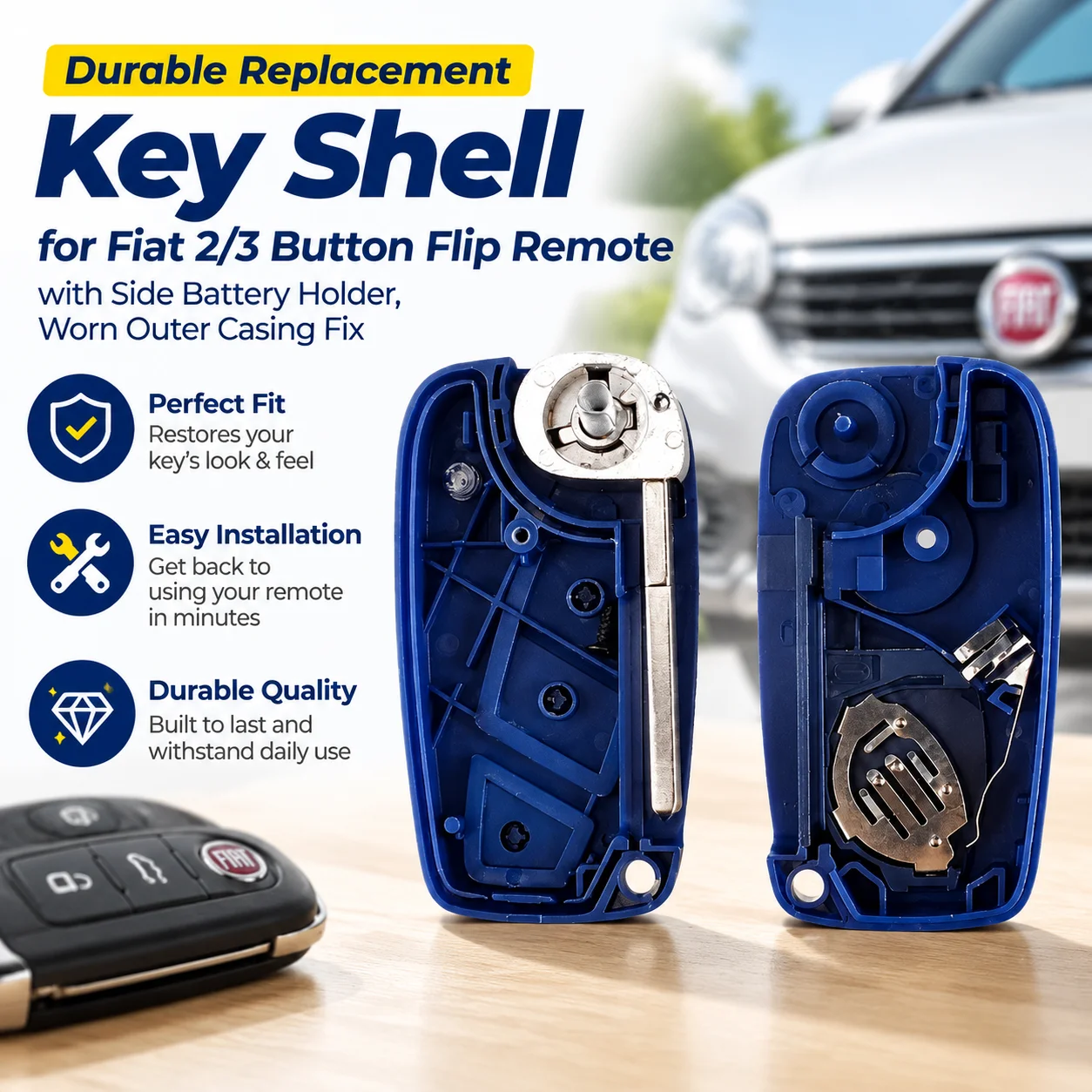 Durable Replacement Key Shell for Fiat 2/3 Button Flip Remote with Side Battery Holder, Worn Outer Casing Fix
