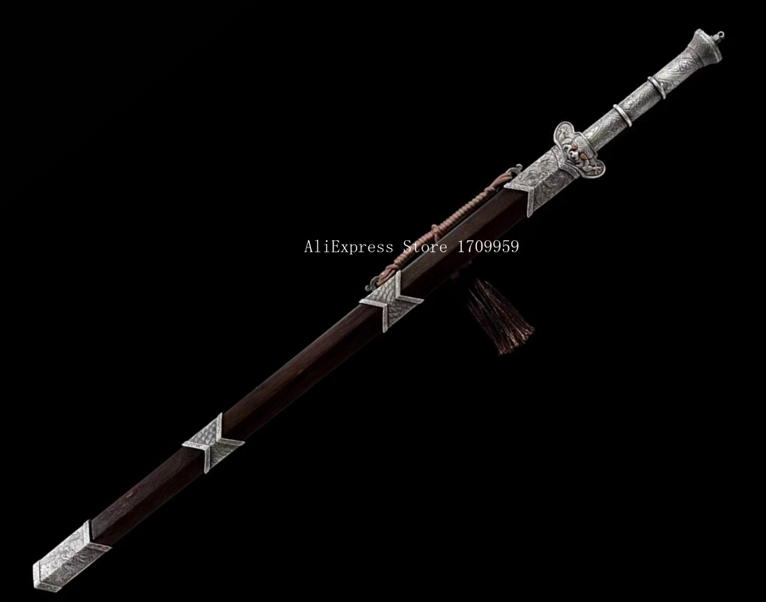 Copper Handle Dragon KungFu Battle Jian Chinese Han Dynasty Double Edge Sword Damascus Folded Steel Blade Ebony Wood Sheath - view 2