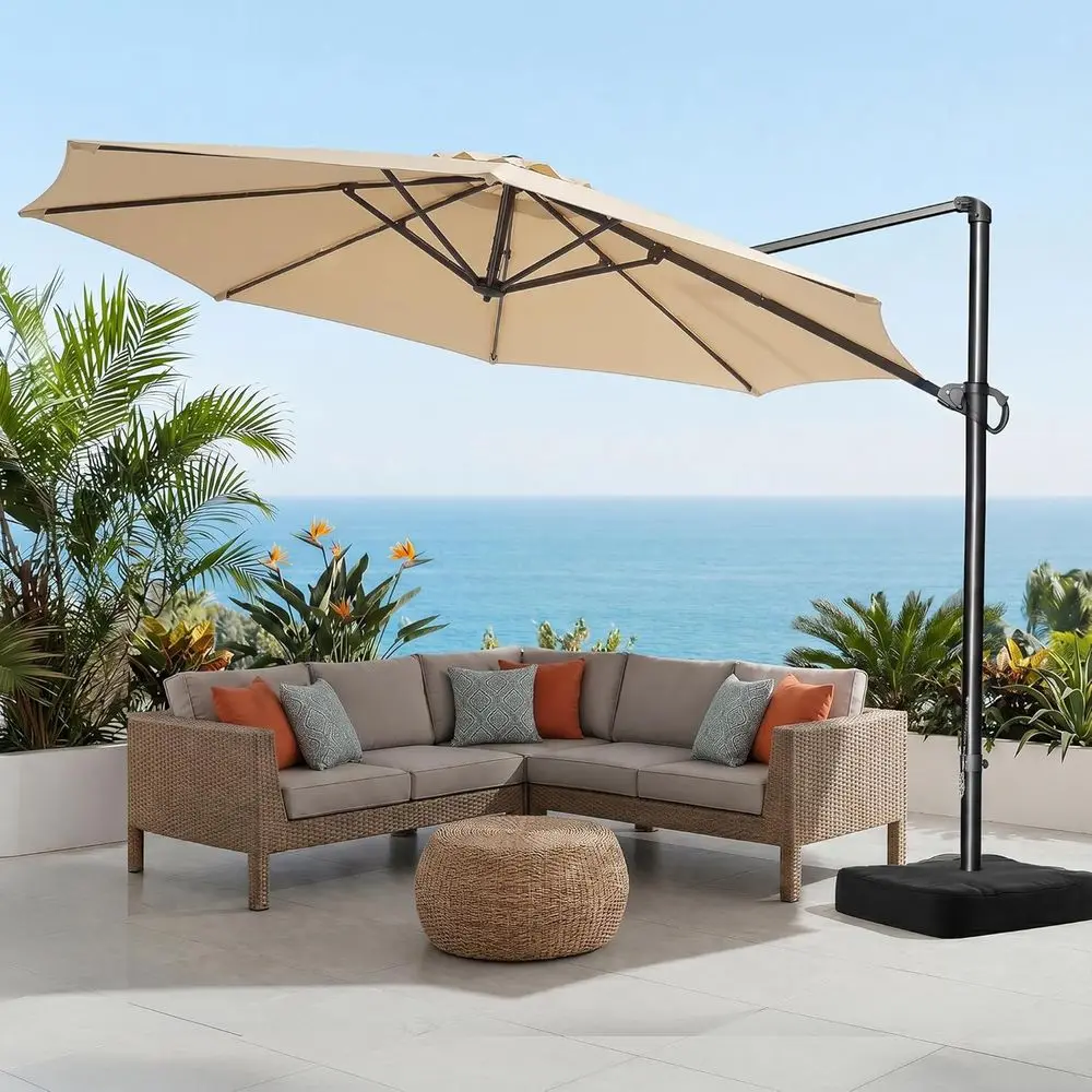 

10ft Large Cantilever Patio Umbrella with Base, 360° Rotation, Ideal for Outdoor Deck, Pool, Backyard, Garden, Parchment Color