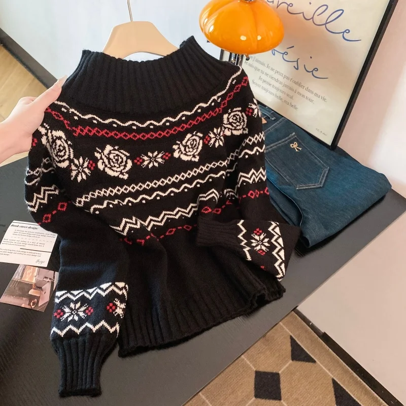 

Женский черный готический пуловер с вырезом на шее, винтажный джемпер Y2k 2000-х годов, трикотаж с длинными рукавами и v-образным вырезом, осенний свитер Fair Isle