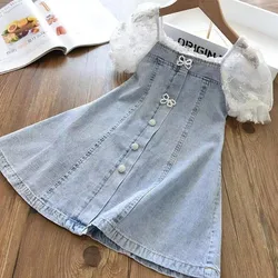 Girl's Temperament Pearl Bubble Wrap Sleeve Patchwork Soft Denim A-line Skirt Children's Western-style Dress Summer New Style
