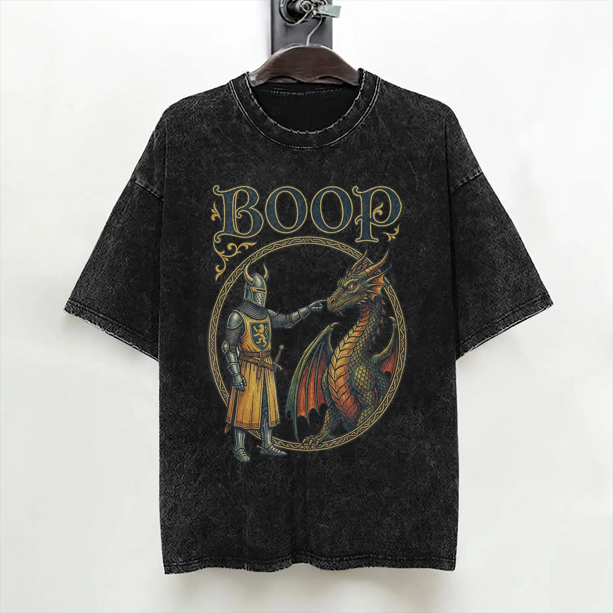 Le Boop Medieval Knight Dragon T Shirts Washed Short Sleeve Harajuku T-Shirt  Vintage for Men Women Streetwear Graphic Tops Tees