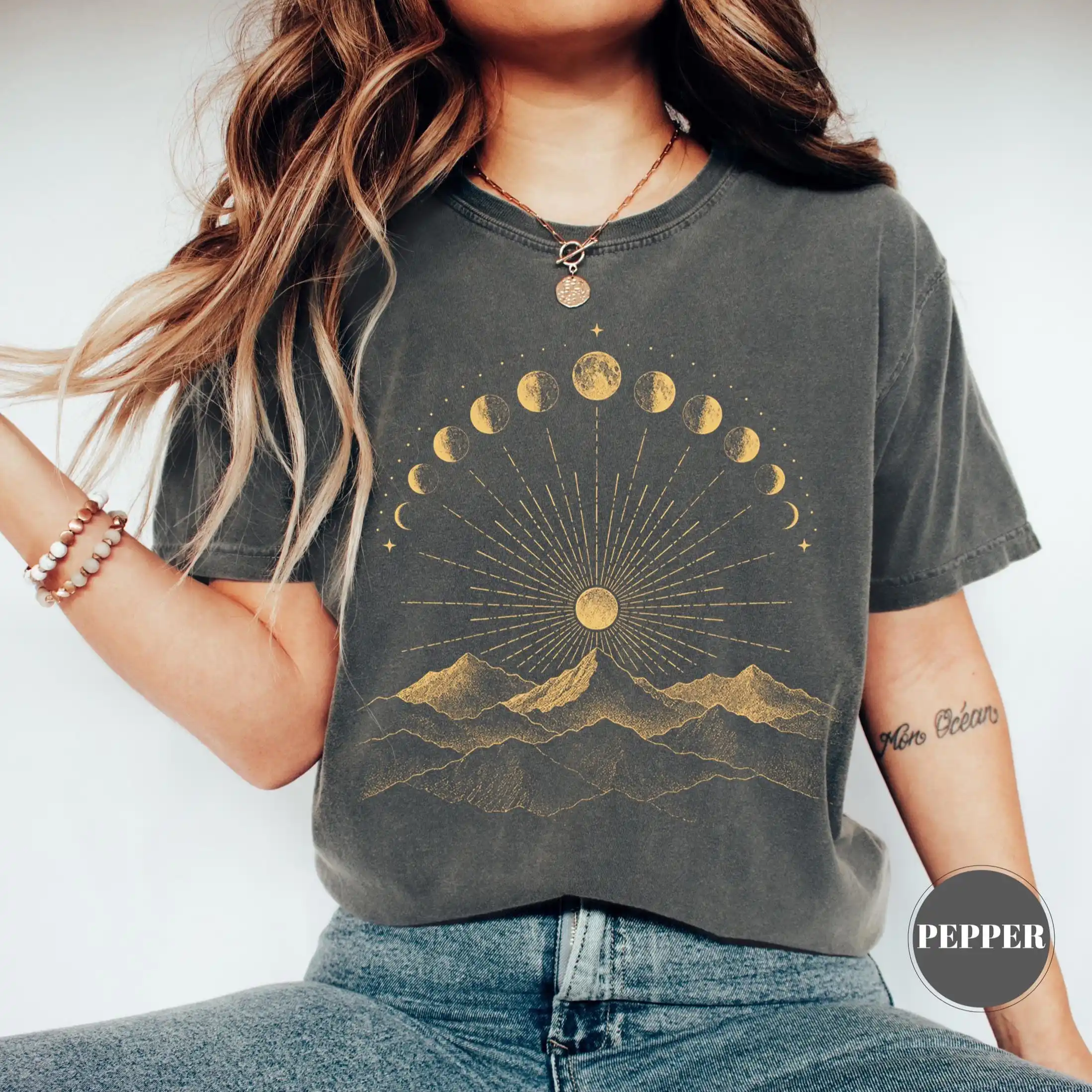 Vintage Celestial Moon Phase T-Shirt, Boho Sunburst Graphic Tee, Mystical Nature Lover Gift, Mountain Astronomy Hiking Tee Shirt