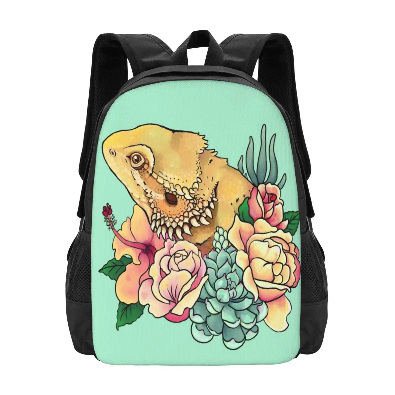 Pastel Bearded Dragon Hot Sale Backpack Fashion Bags Flowers Floral Botanical Beardie Bearded Dragon Reptile Lizard Rose