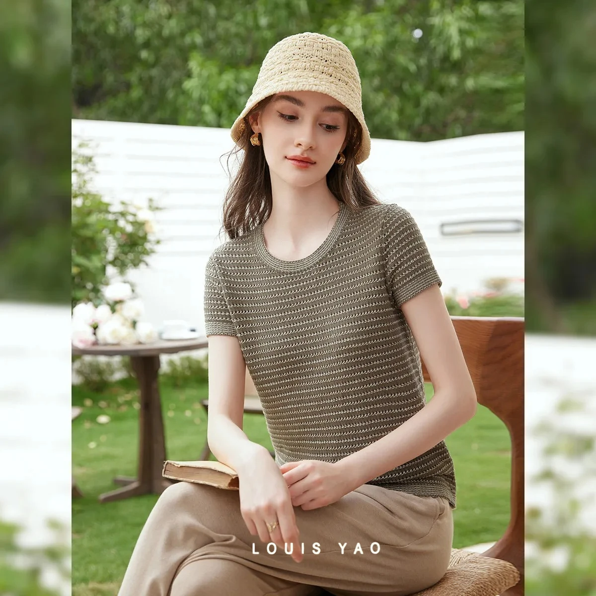 LOUIS YAO Women's T-Shirts 2026 Summer Casual Pullover Crew Neck Short Sleeve T-Shirt Vintage Contrast Hollow Knit Top