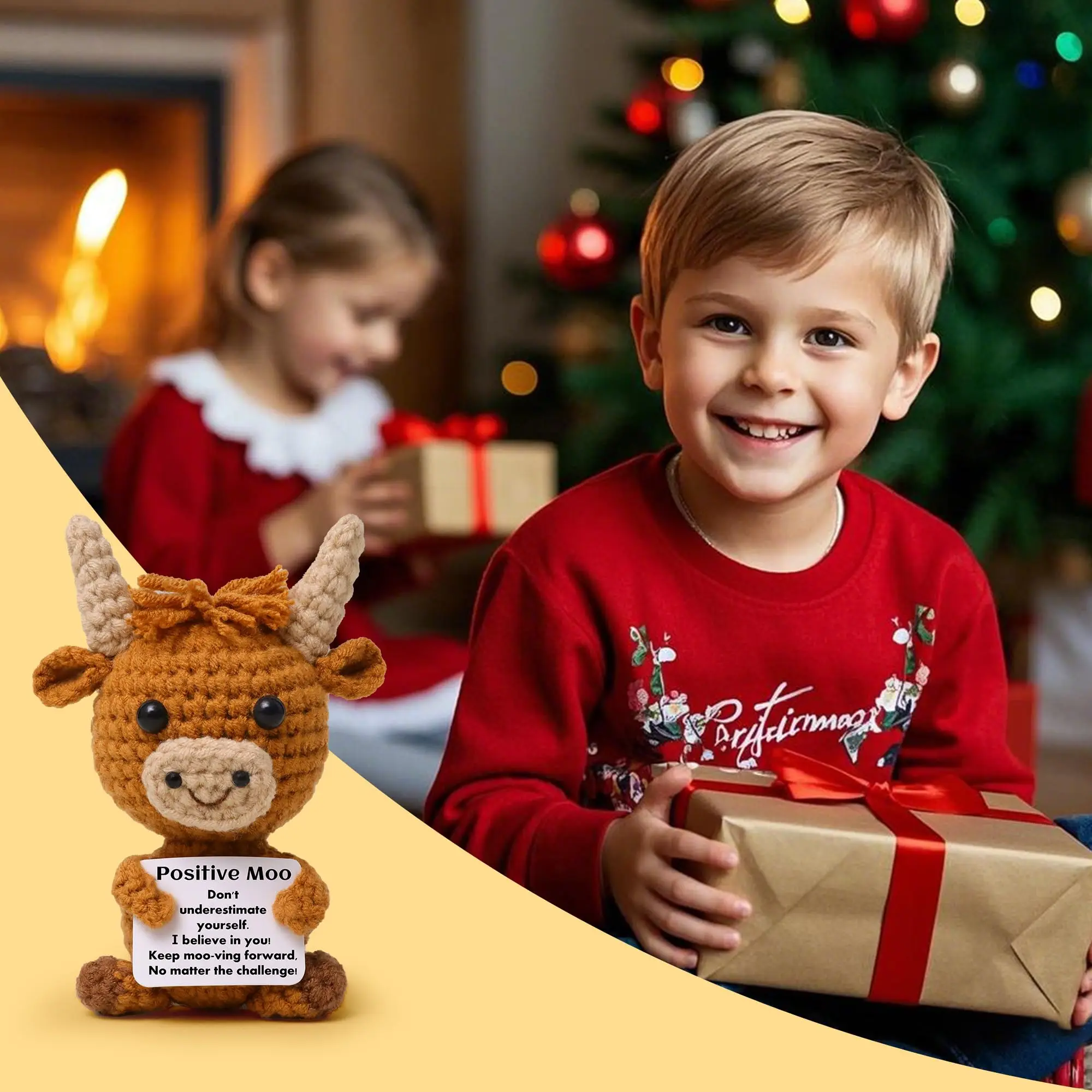 لعبة بقرة صوف محبوكة صغيرة مضحكة إيجابية على شكل بقرة المرتفعات مع بطاقة إيجابية دمية كروشيه لطيفة إبداعية دعم عاطفي يهتف