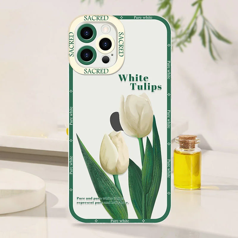 Capa de Telefone Tulipa Minimalista para iPhone, Anti Drop, Capa Protetora Traseira, Bela Flor Padrão, Novo, 15, 14, 13 Pro Max