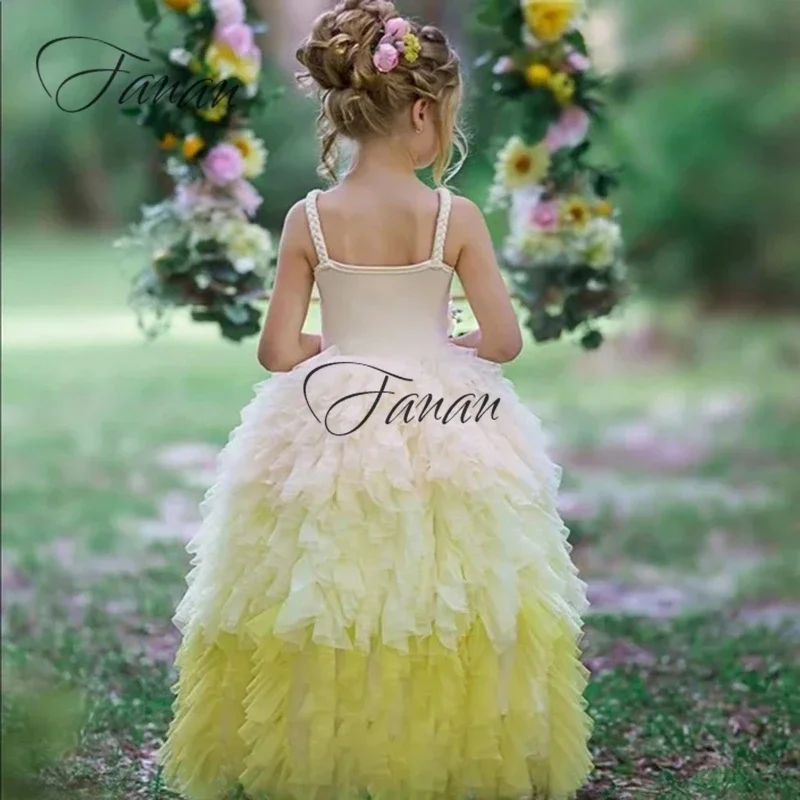 Customized Elegant Light Green Tulle Flower Girl Dresses Sweep Train A-Line 3D  Kid Communion Dress Princess Lace Birthday Party