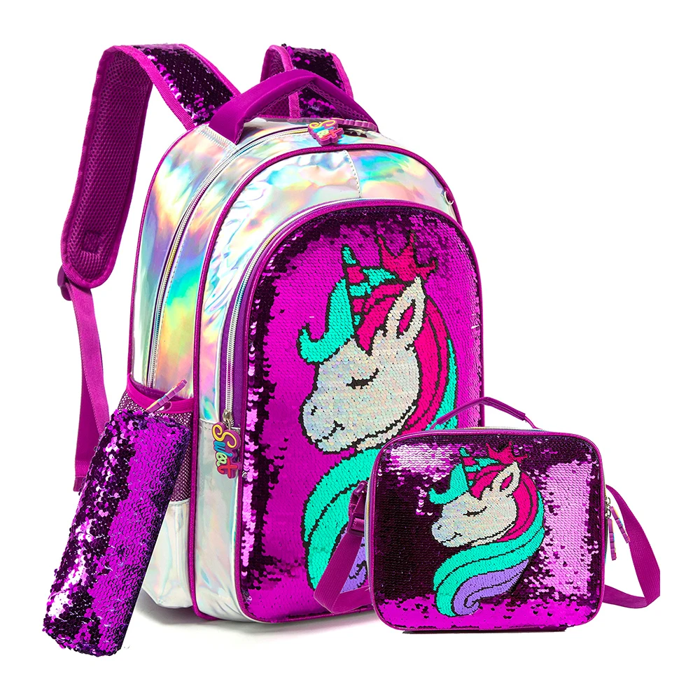 Zaino Kawaii ragazza borsa da scuola unicorno zaino con paillettes a doppia faccia Set zaino leggero materiale scolastico per ragazze