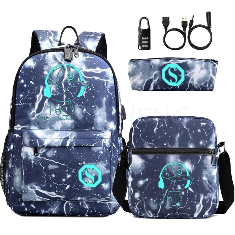 Luminous Animation School Bags para meninos e meninas, Mochilas de moda para adolescentes, mochila para laptop para homens, 3pcs por conjunto