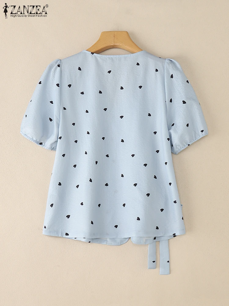 ZANZEA Hart Patroon Verpakt Blouses Vrouwen Mode V-hals Korte Bladerdeeg Mouw Boog Detail Blusas Mujer Alledaagse Casual Shirts