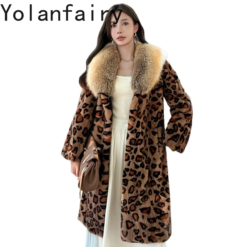 YOLANFAIRY موضة حقيقية الربط معطف فرو المنك المرأة الشتاء منتصف طول ليوبارد الفراء سترة امرأة الثعلب الفراء طوق Pelliccia دونا