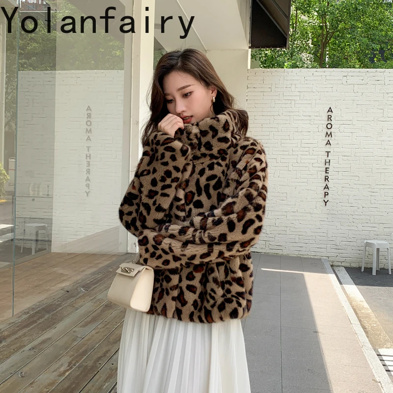 YOLANFAIRY Top Quality Mink Real Fur Coat Woman Winter Short Fashion Leopard Fur Jacket Lapel Warm Fur Coats and Jackets Abrigos