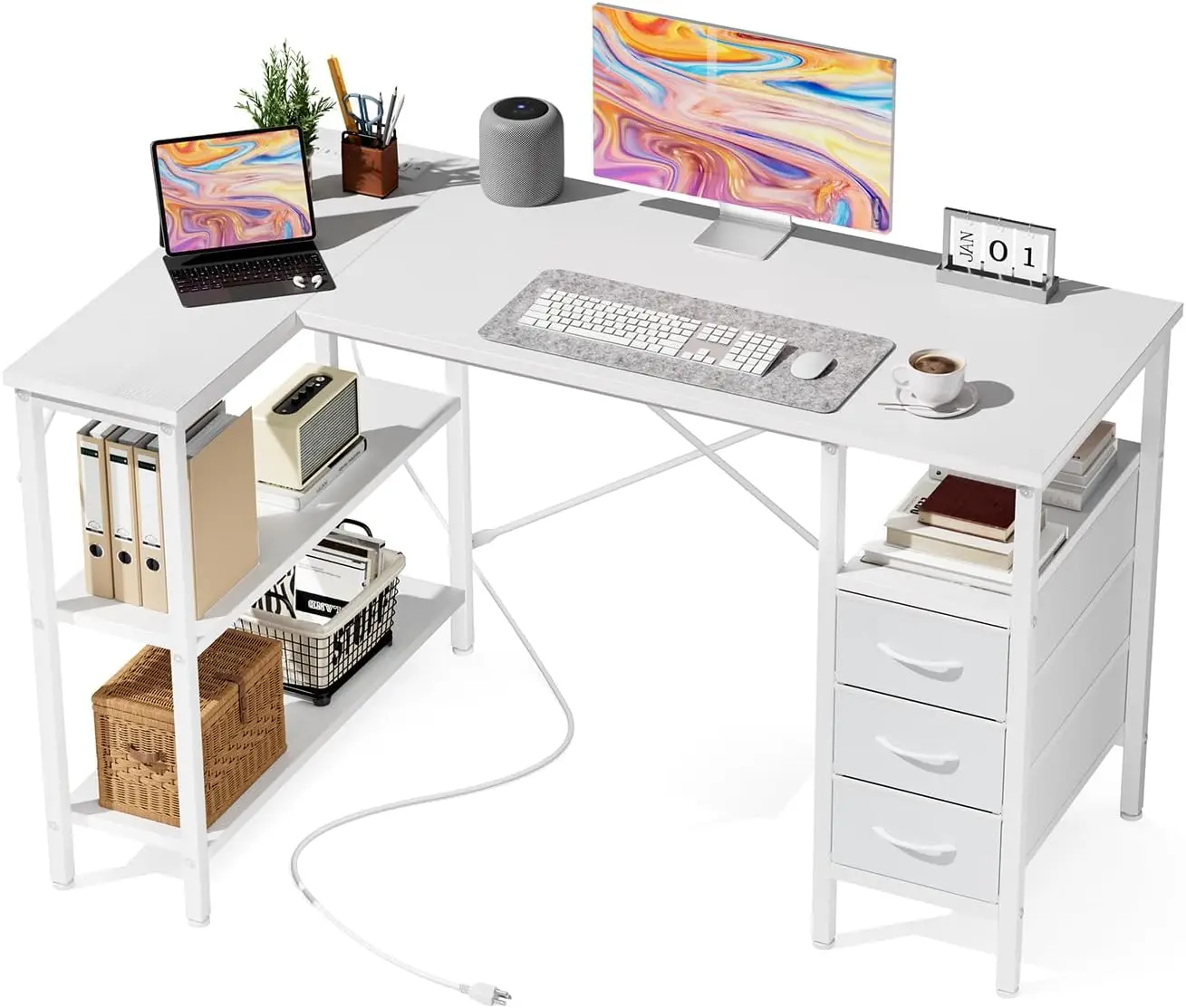 

L-Shaped Desk with Shelf Drawers, Gaming Corner Computer Desk with Power Outlet, Adjustable Shelves Study Table for Home Office