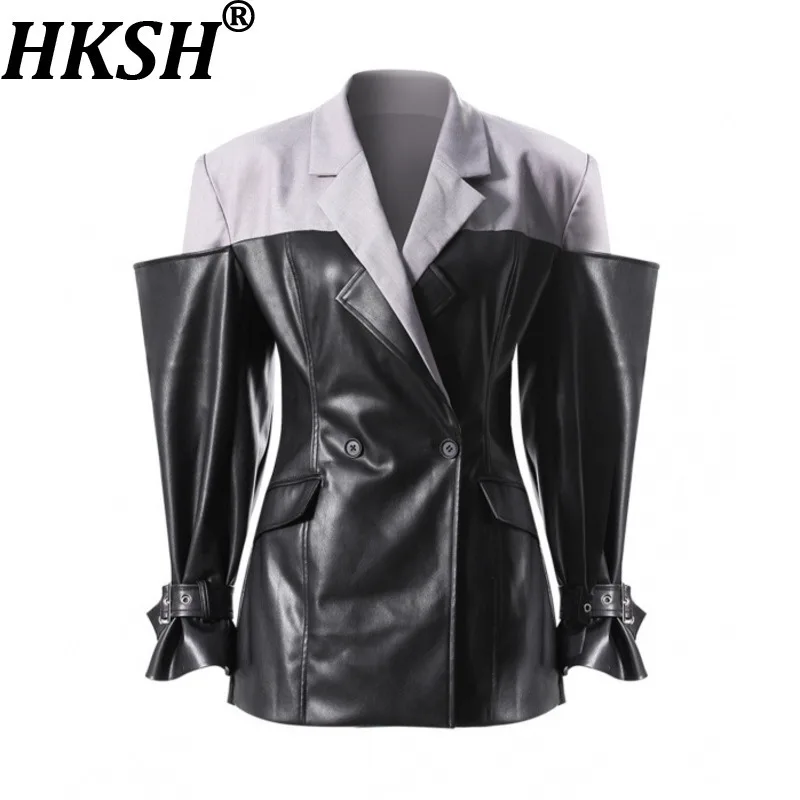 

HKSH Spring Autumn New Women Blazer PU Leather Patchwork Contrast Color Waist Cinching Slim Fit Elegant Chic Tide Jacket HK16731