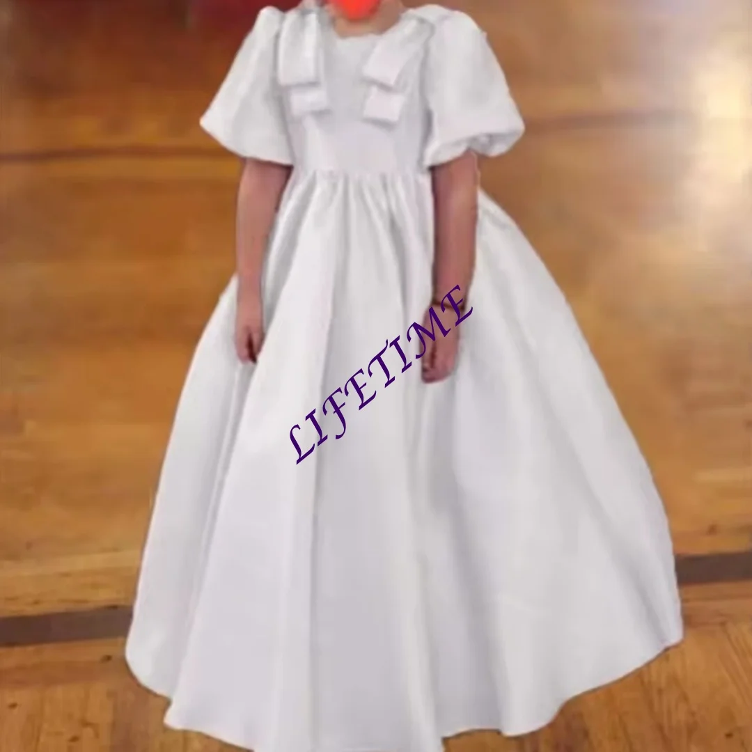 

Индивидуальное винтажное атласное платье для девочки на свадьбу, с круглым вырезом, пышными рукавами, для первого причастия, с бантом, на заказ, для вечеринки B