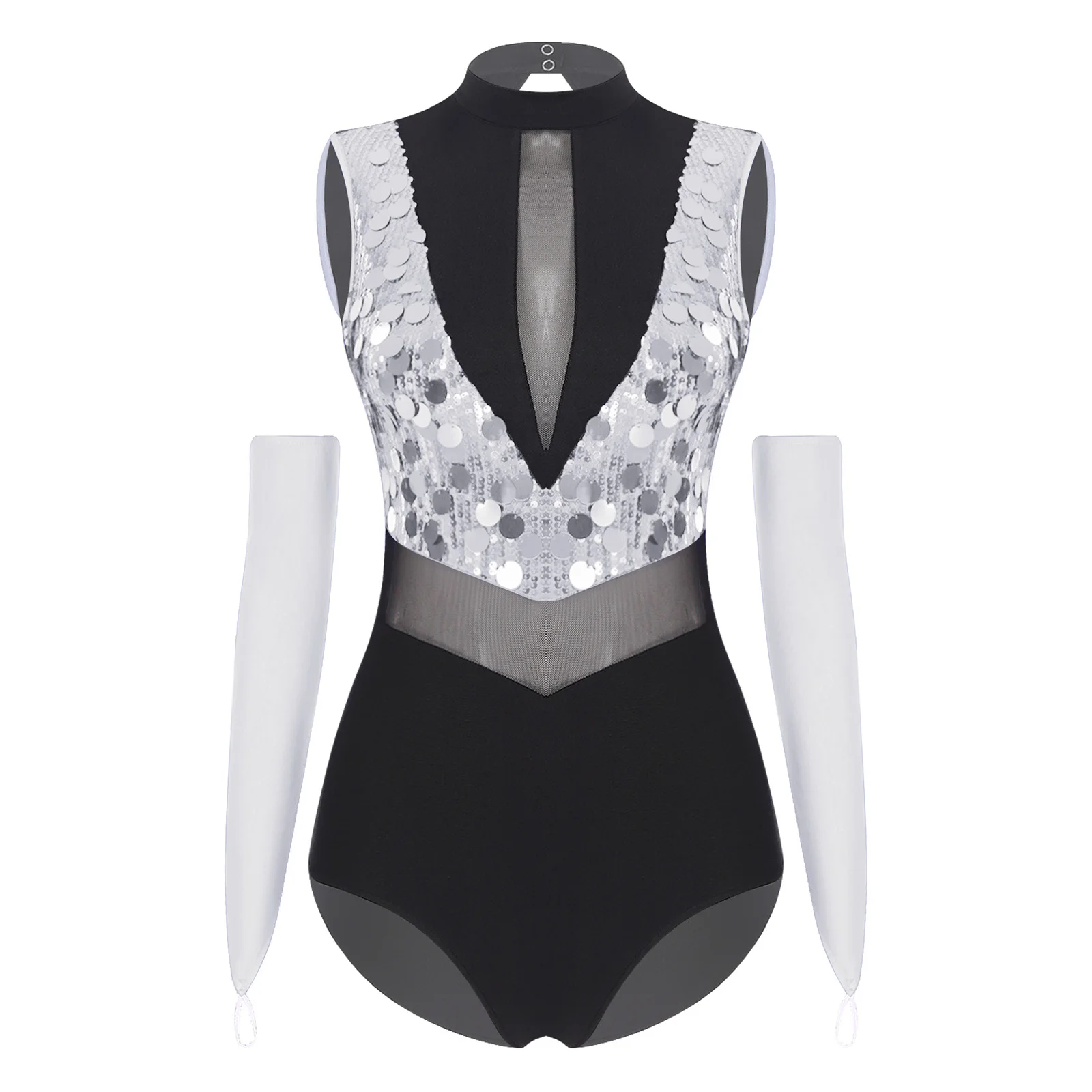 Damski błyszczący kostium do tańca latynoamerykańskiego, jazzu, łyżwiarstwa figurowego, bez rękawów, z przezroczystej siateczki, trykot gimnastyczny z rękawiczkami, odzież do tańca nowoczesnego.