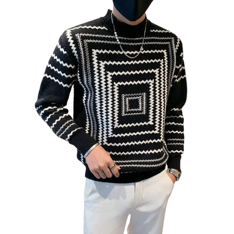 Men's Clothes Autumn and Winter Korean British Half Turtleneck Sweater Fashion Slim Long Sleeve Sweater Striped Base Shirt Tops