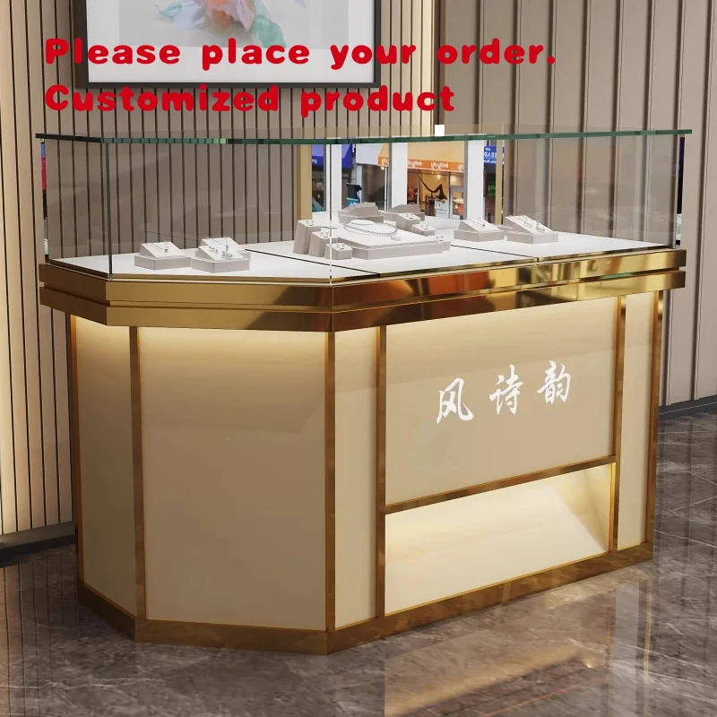 custom.Customizable Design Modern Rectangular Metal Jewelry Display Cabinet LED Lighting Gold Glass Counter Silver Jade Watch Sh