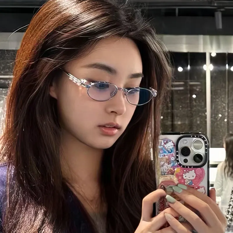 Fashion Oval Rhinestone Decor Eyeglasses Luxury Sense Plain Lens Sun Glasses Stylish Women Eyewear Compatible With Myopia Lenses