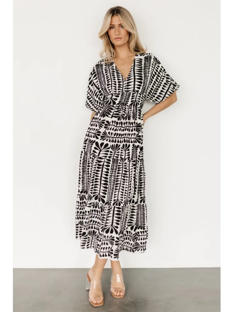 

2025 Summer New Women's Floral Print V-neck Dress Casual And Stylish Loose Vintage Stripe Short Sleeve Long Skirt