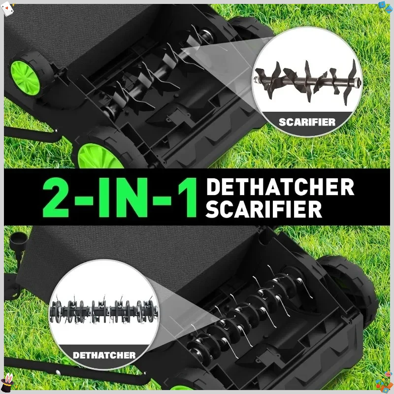 Desacoplador y escarificador eléctrico con bolsa de colección de 30 L, desacoplador de césped con cable 2 en 1 de 13 pulgadas y 12 amperios con profundidad de 4 posiciones