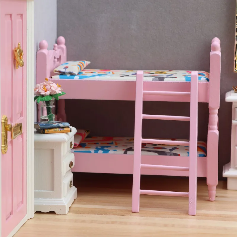 

1:12 Scale Dollhouse Miniature Pink Bunk Bed Model, Kids Bedroom Furniture Set with Ladder & Bedding, Diorama Scene Accessory