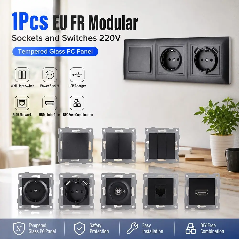 1Pcs 220V 16A 250V Modular Sockets And Switches Dual USB Fast Charge RJ45 TV EU French Socket Module PC Panel RJ45 Socket Module