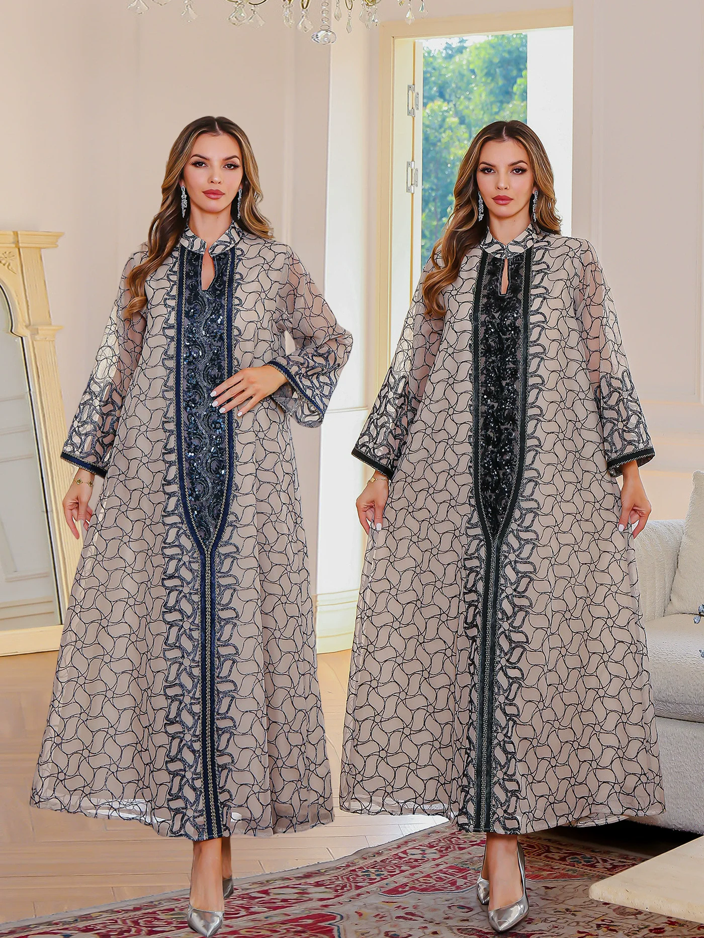 متوفر في المخزون، رداء نسائي طويل على الموضة الإسلامية الجديدة، تنورة طويلة، ملابس دبي العربية في الشرق الأوسط، عباية دبي، رداء كبير مطرز بالترتر