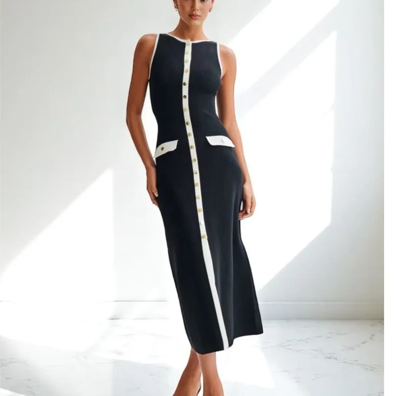 

Chic Sleeveless Single-breasted Ribbed Knitted Long Dress For Women Contrast Color High Waist Bodycon Knitted Fake Pocket Robes