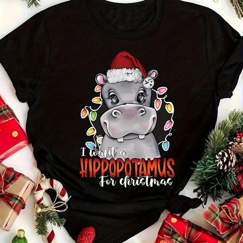 Christmas Hippo Cartoon Print T-shirts Women Casual Fashion Funny Cute Comfort Tops High Quality Crew Neck Short Sleeve Tees