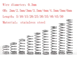 20 unids/lote de 0,3mm de acero inoxidable Micro pequeño resorte de compresión OD 2/2.5/3/3.5/4/4.5/5/6mm de longitud de 5mm a 50mm