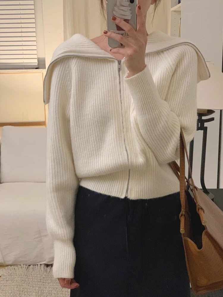 

Laid-ba Japanese Sle Zipper Long Sve Knitwear Coat Women's Vintage Nautical Collar Loose Fit Knitted Top