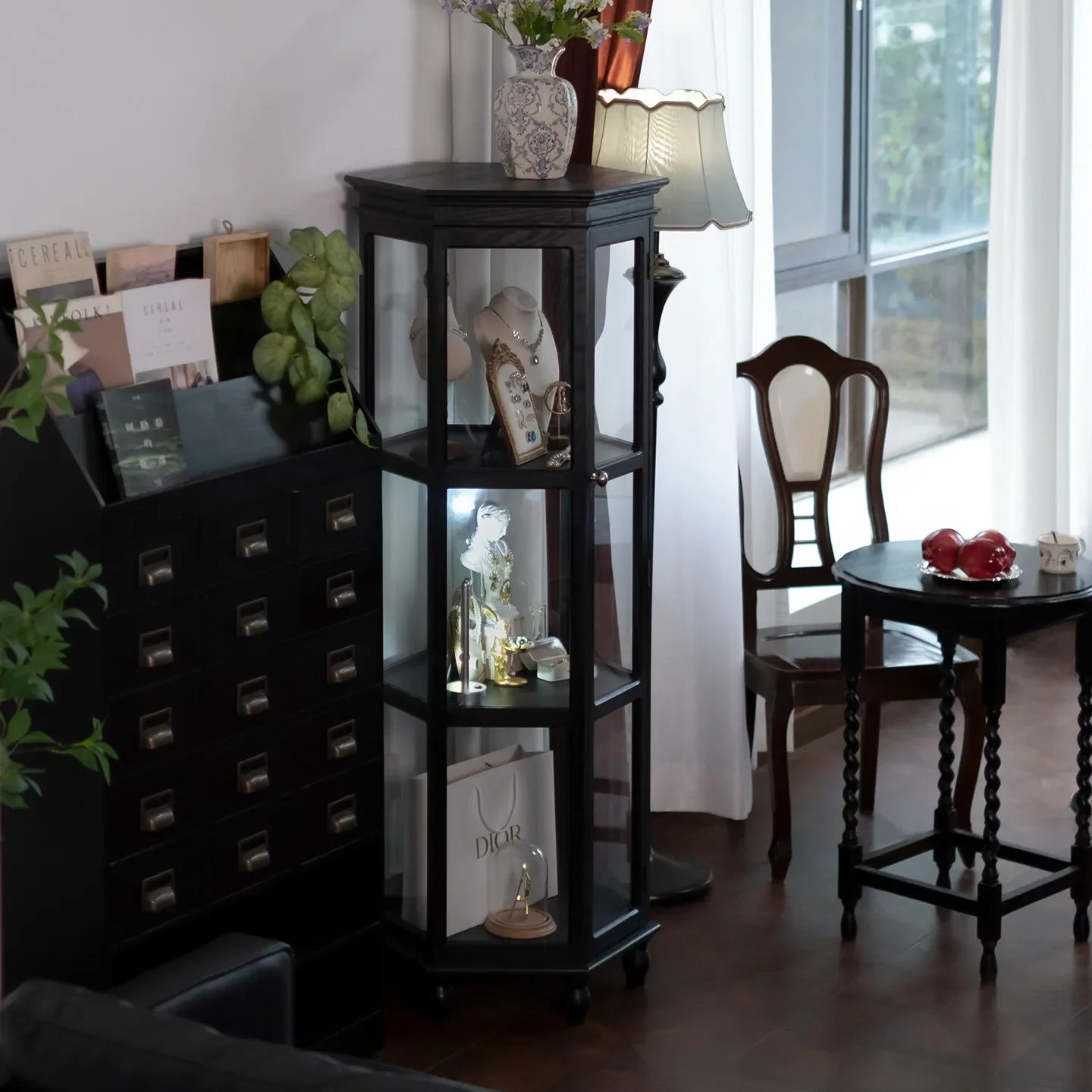 Wensen Home Furnishing Medieval Display Cabinet Hexagonal Solid Wood Glass Cabinet Floor-to-Floor American French Retro
