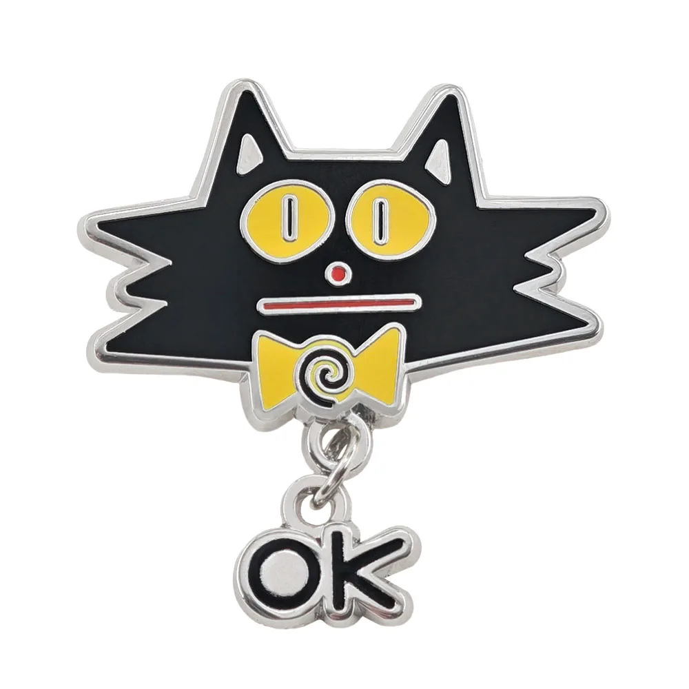 Lustige Schwarze Katze OK Emaille-Pins mit hängenden Buchstaben-Broschen, sarkastisches Meme-Metall-Abzeichen, Rucksack-Revers-Pin, Schmuckgeschenk – Detail 1