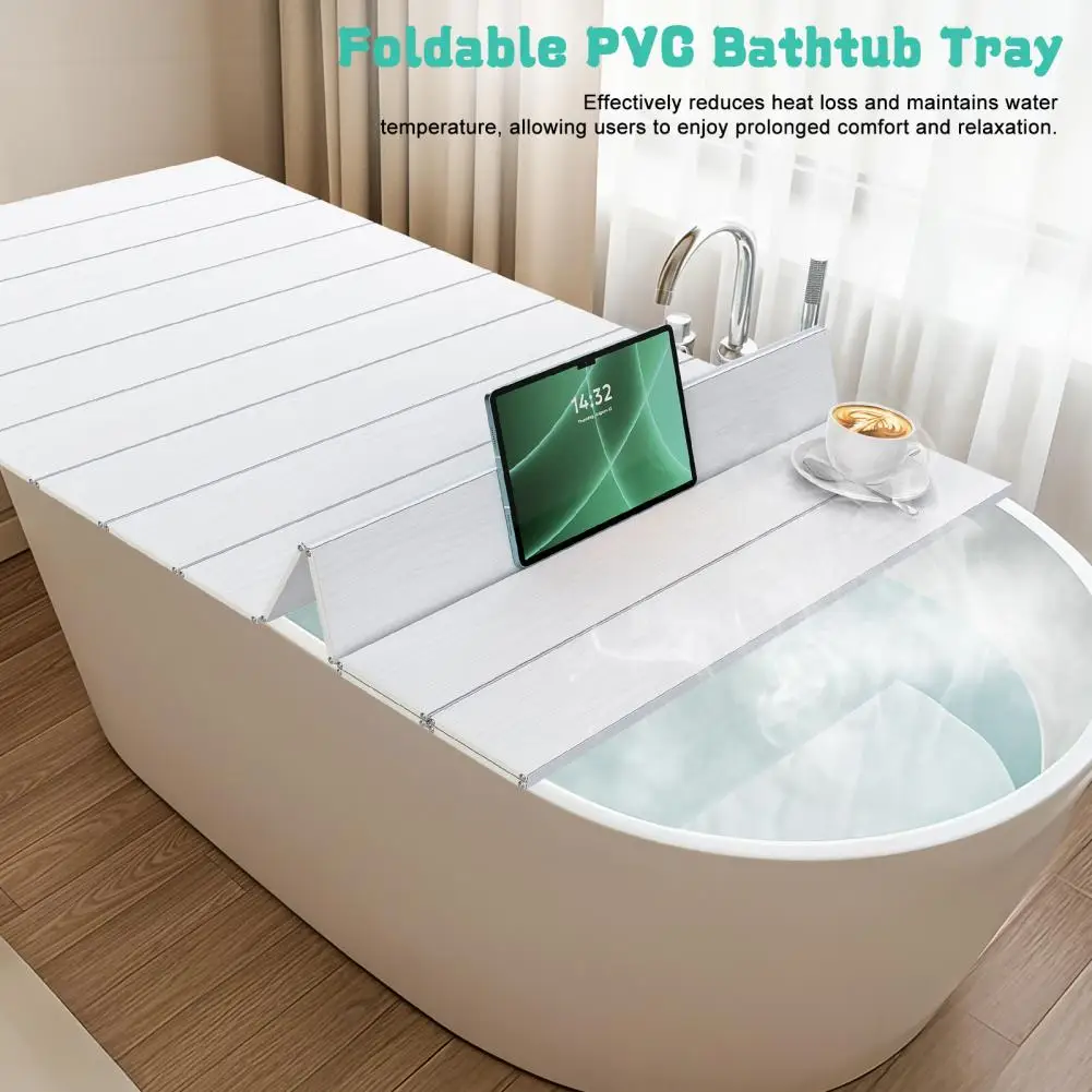 Foldable Bathtub Cover, Waterproof Anti-dust PVC Shutter Lid, Bath Insulation Cover Bathtub Tray Fit Most Tubs
