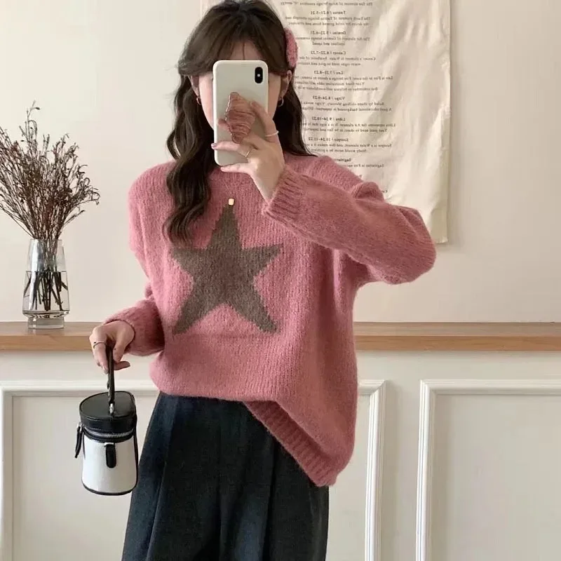 DAYIFUN Loose Knitted Pullovers for Women Y2K Aesthetic Jumpers Vintage Harajuku Loose Sweaters All Match Grunge New Star Autumn