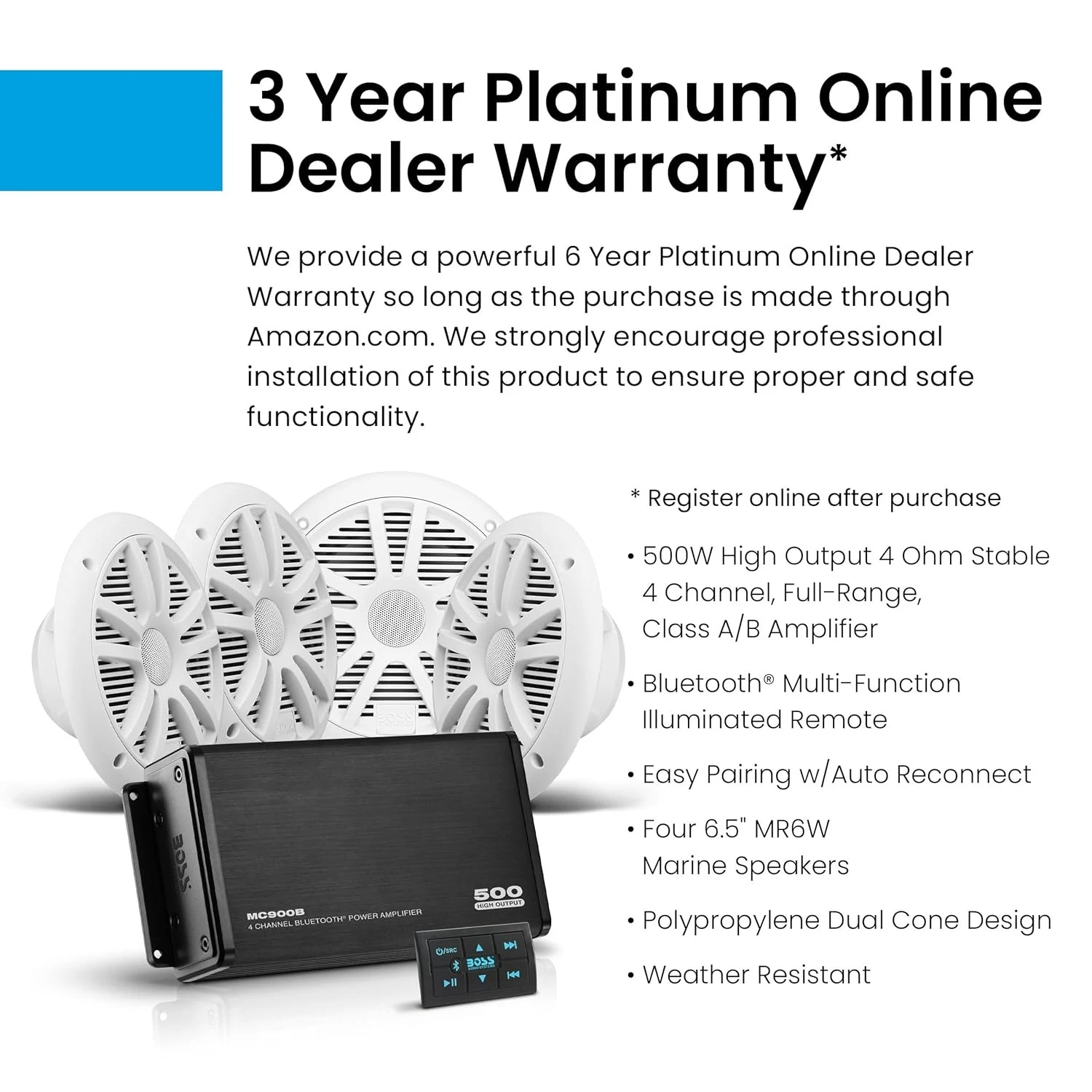 High quality 64 Marine Boat 6.5 inch Speakers and 4 Channel Amplifier-500 High Output, Bluetooth Remote, USB and Auxiliary-NEW