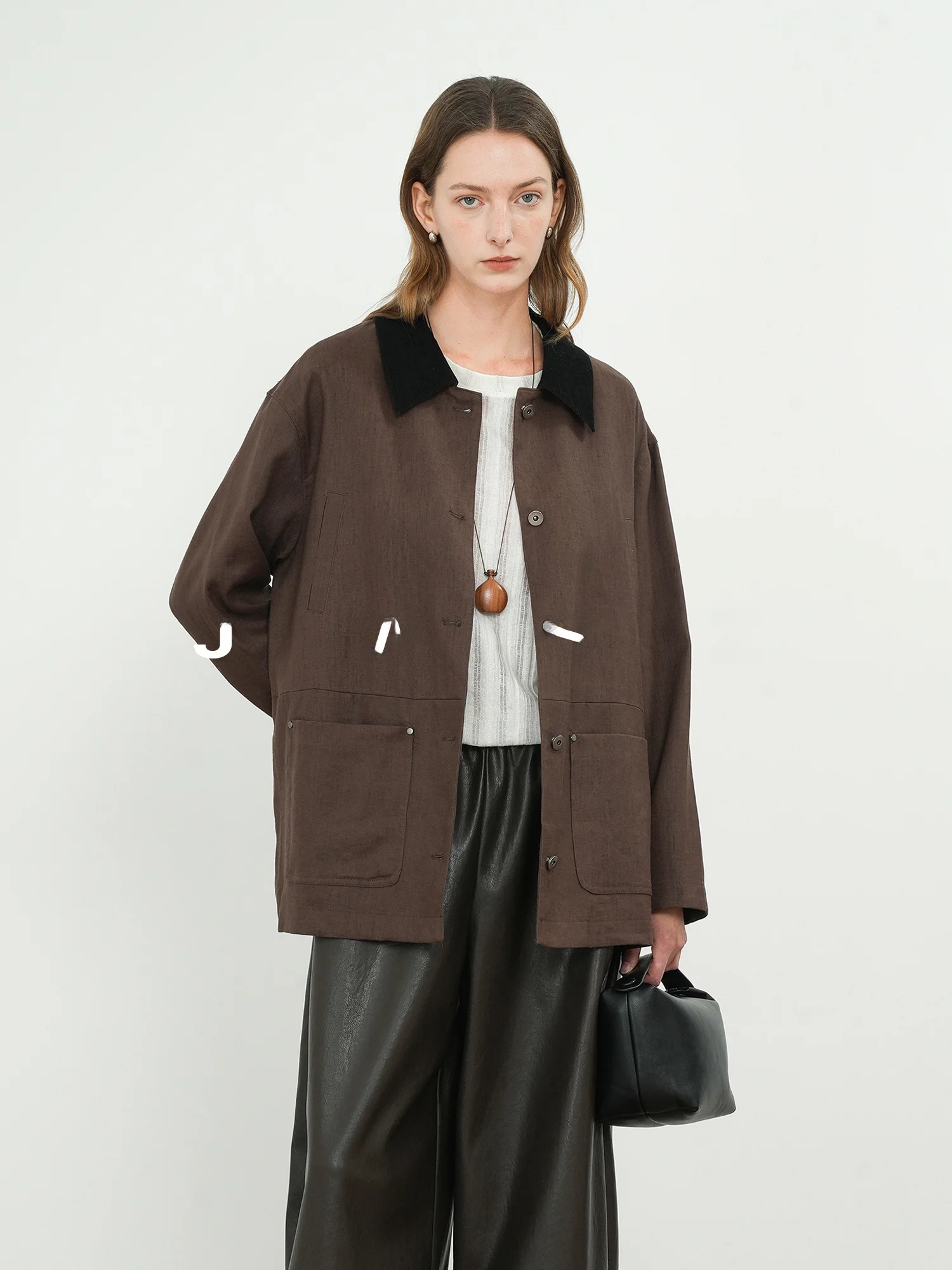 

JWSZ Vintage Money Sle 00% Linen Color Blo Collar Workwear Jaet Loose Fit Long Sve mid Length Coat