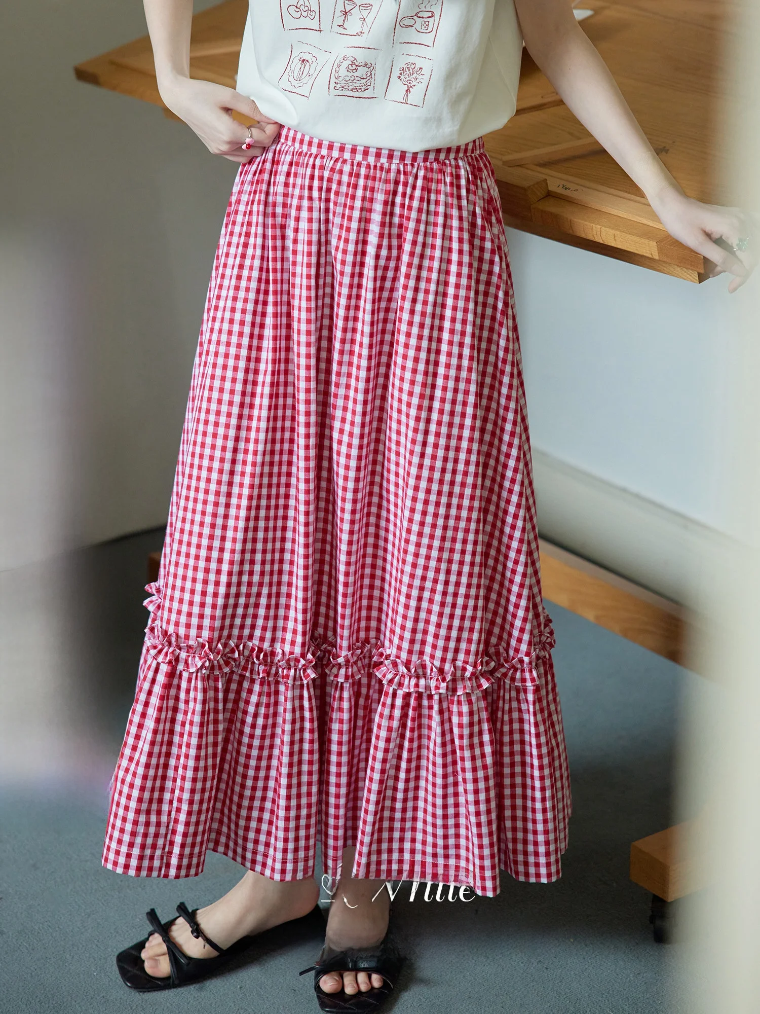 

Retro Plaid High Waist Midi A-Line Skirt Women Summer Cotton Gingham Cheered f-length Skirts with Wood ain