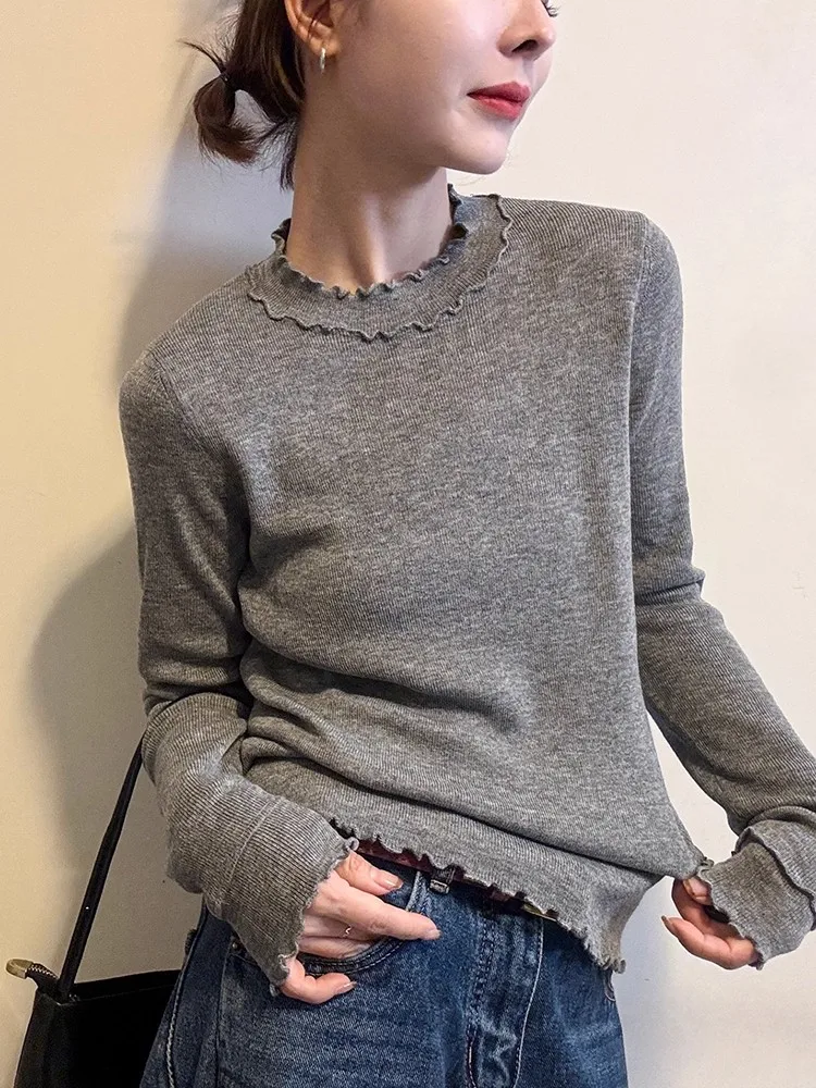 

Корейский вязаный облегающий базовый топ с деревянными рюшами для женщин, осенне-зимняя внутренняя одежда