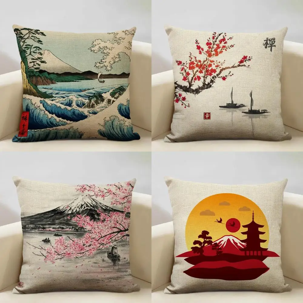Home Decor Japanese Scenes: Cherry Blossoms & Mt. Fuji Pattern Cushion Cover Suitable for Sofa Bedroom Car Pillow Cover