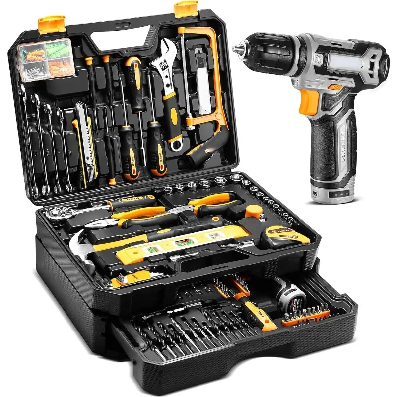 

Tool Kit Box Drill Set：Home Mechanic Toolbox with 12V Power Cordless Drill Hand Repair Tools