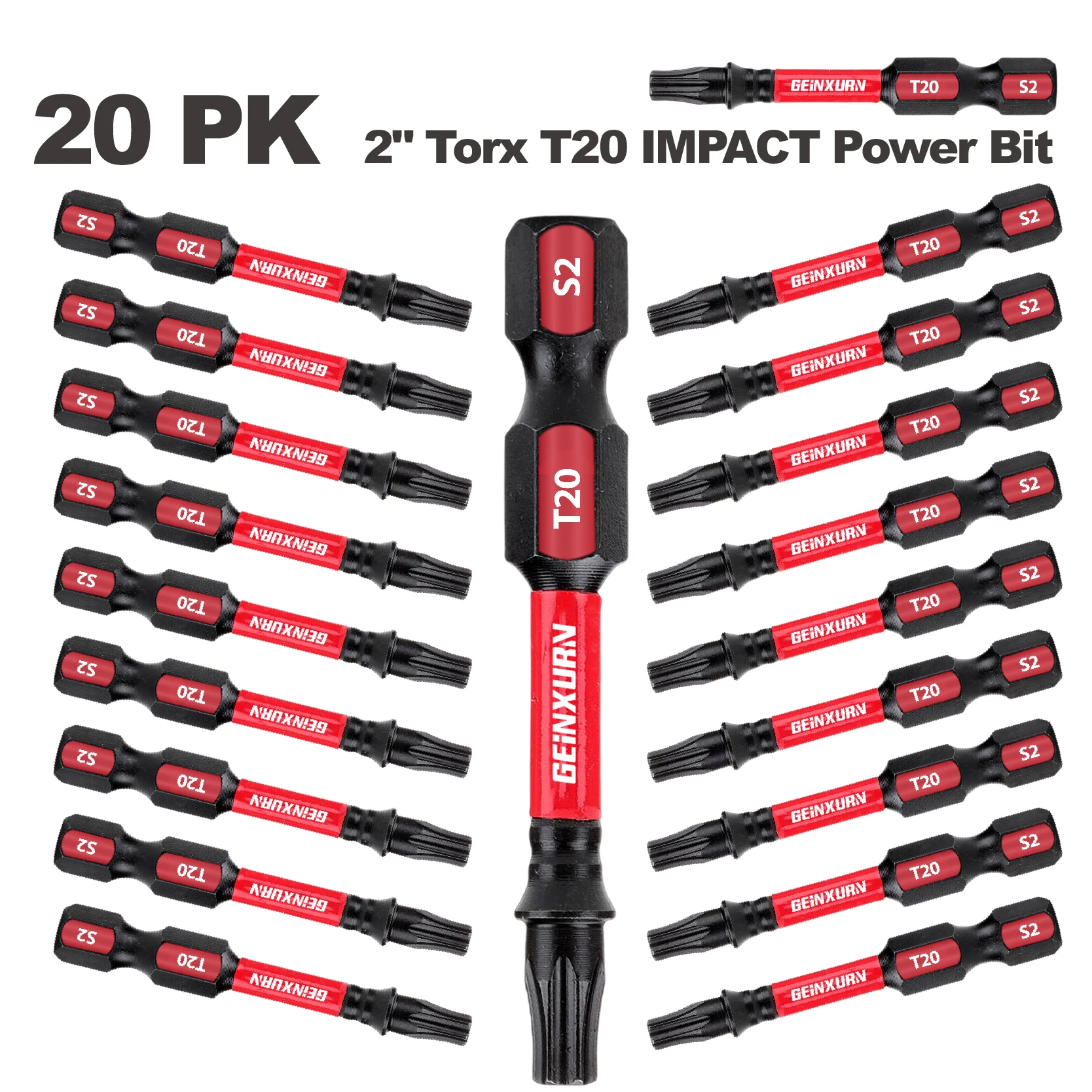 GEINXURN T20 2In. Impact Tough Magnetic # 20 Torx Head Power Bits, S2 gelegeerd staal T20 schroevendraaierbitset - afbeelding 1