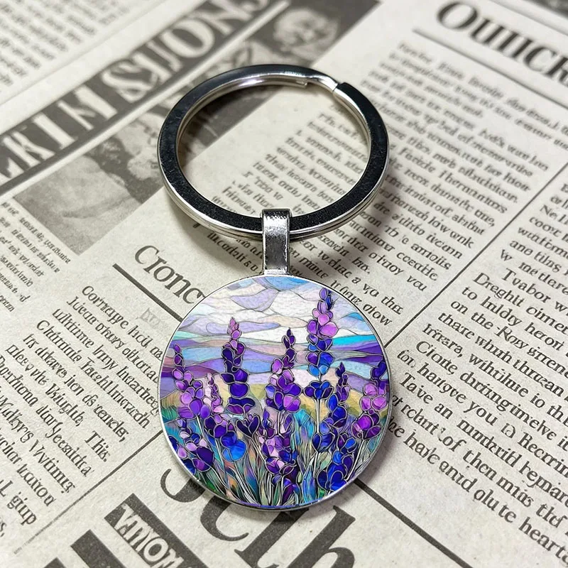 New Popular Products Vivid Purple Mosaic Flower Pendant Key Holder Purple Lavender Hydrangea Silver Keyring Souvenir