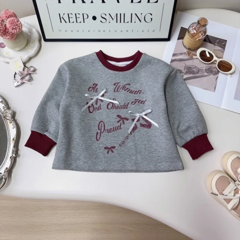 Girls' American Style Set Spring and Autumn New Three-Dimensional Bow Sweatshirt Vintage Plaid Skirt